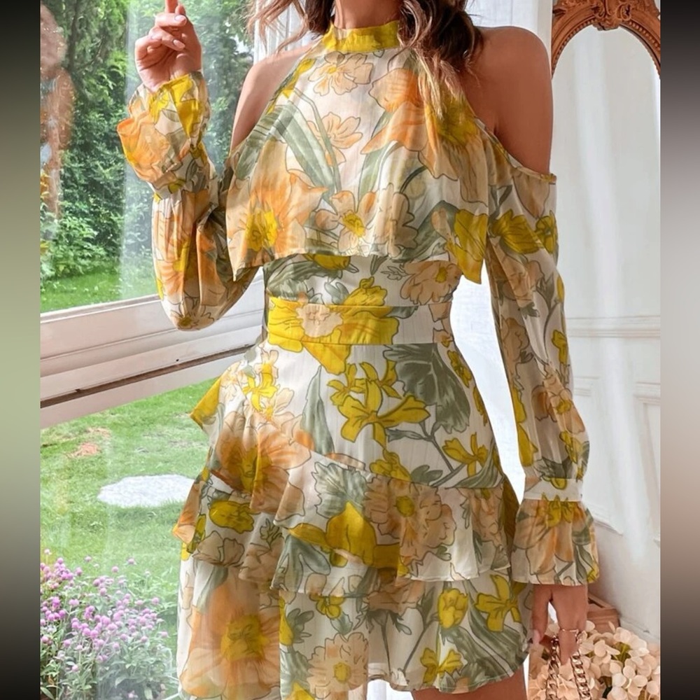 Floral Print Cold Shoulder Flounce Sleeve Layered Dress